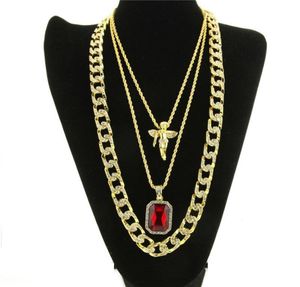 Micro Angel Red Stone Cuban Link Chain 3 Necklace Set Gold Plated Necklace Jewelry Hip Hop Necklace For Men Women KKA18394605972