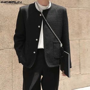 Incerun toppar koreansk stil mens vävda texturskjortor casual streetwear manlig solid kragefri långärmad blus S5xl 240223