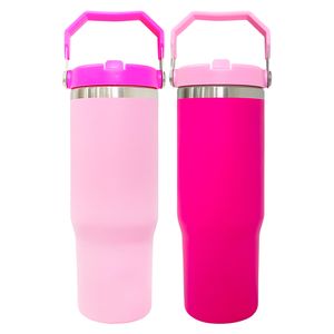 Leak proof wholesale bulk double walled stainless steel powder coated pink 30oz flip straw tumbler coffee mugs cups with handle for engraved,sold by case