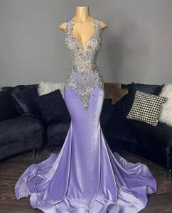 Light Purple Velvet Mermiad Prom Dresses For Black Girls Luxury Beaded Spaghetti Graduations Dresses Birthday Party Gowns