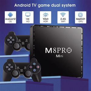Consoles Video Game Console M8Pro Mini 4K 64G 10000 Retro Video Game Console 2.4G Wilress Android 12 TV Box Wifi MaliG31 CPU Dual System