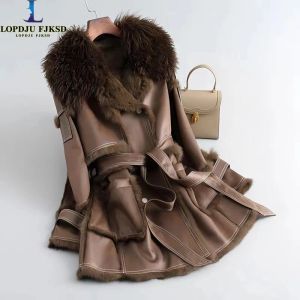 Casaco de pele de couro genuíno de pele para feminino, sobretudo de colarinho de cordeiro, roupas femininas, peito duplo, alta qualidade, novo, inverno