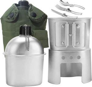 Canteen Aluminum Water Canteen Cup Stove Pouch Set Army Canteen Kit for Outdoor Camping Survival Hiking Backpacking