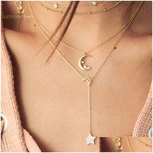 Hänge halsband Ny ankomst Rhinestone Moon Star Pendant Halsband för kvinnor Böhmen Mtilayer Gold Chain Long Party Fashion Dhgarden Dhmqe