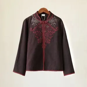 Women's Jackets Luxury Short Coat Jacket Vintage Linen Jacquard Quilted Wine Red Embroidery Ladies Clothes