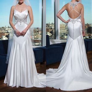 Elegancka plaża Linia Suknie ślubne Spaghetti koronkowe aplikacje koraliki suknia ślubna Sweet Train Vestidos de novia niestandardowy rozmiar H24216