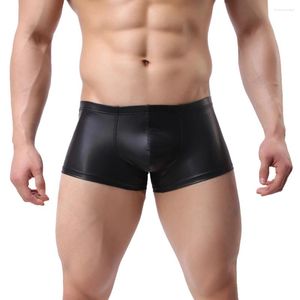 Underbyxor 2024 Mäns sexiga roliga Boxer Shorts Male Patent Leather with Ring Underwear Slim Fit Boxers