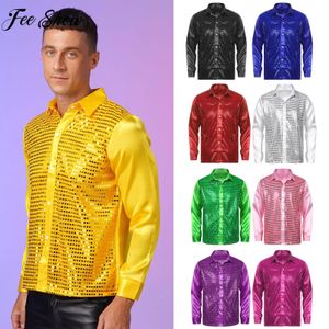 Mens Sparkly Sequin Dance Shirt Latin Jazz Dancewear Stage Performance Costume Turn-Down Collar Long Sleeve Patchwork Tops 240223