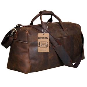 Berchirly Vintage Crazy Horse Genuine Leather men duffle luggage travel Natural Cowhide Large Weekend bag Hangbag LJ200922226J