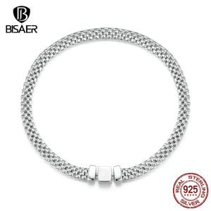 Bangles BISAER 100% 925 Sterling Silver Classic Square Buckle Bracelet Retro Braided Chain Link for Women Platinum Plated Fine Jewelry