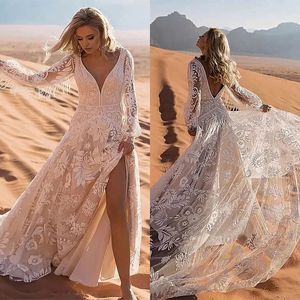 Sexy Desert Backless A Line Wedding Dresses Side Split V Neck Lace Applique Bridal Gown Sweep Train Vestidos De Novia Custom Size