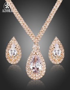 Whole Gorgeous Gold Color Clear CZ Water Drop Crystal Pendant Necklace and Earrings Women Wedding Jewelry Sets TG01583392128