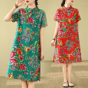 Ubranie etniczne 2024 Chińska sukienka vintage Ulepszona Qipao National Flower Print Bawełniany bieliznę Cheongsam Oriental A-Line Streetwear