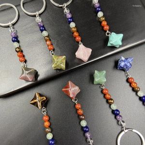 Keychains Stone Merkaba Cube Keychain Chakela Quartz Beads Star Of David Hanging Bag Backpack Purse Charms Woman Chakra Jewelry Gift