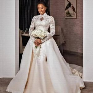 Meerjungfrau-Hochzeitskleid in Übergröße, Arabisch, Aso Ebi, transparenter Ausschnitt, hohes Brautkleid, lange Ärmel, Kleider, afrikanische arabische, bezaubernde Schleppe, formelle Brautkleider