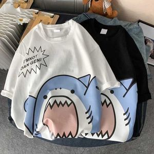 Homens camisetas Y2K Oversized T-shirt Manga Curta Kawaii T-shirts Mulheres Tubarão Solto Algodão Coreano All-Match Estudantes Simples Vintage AestheticL2402