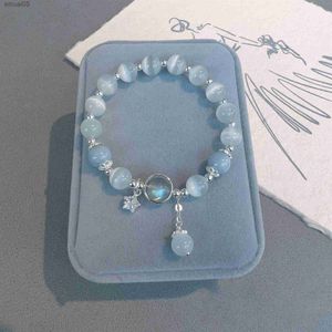 Beaded New Opal Sea Blue Moonstone Crystal Bracelet Fashion Simple Temperament Women Jewelry Accessories Elastic Pendant Bracelets Gift YQ240226