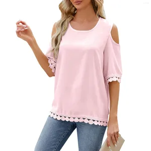 Kvinnors T-skjortor Fashion Casual Solid Color Off Shoulder Round Neck Lace SPICING 3/4 SLEEVE Korean Recensioner Många tyg Lossa T-shirt