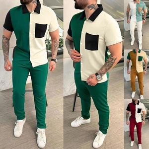 Tracksuits masculinos Mens terno 2024 primavera outono moda retro cor combinando camisa de manga curta calças retas casuais esportes conjunto de duas peças