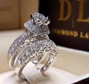 Drop Ship Luxury Jewelry Wedding Rings Handmade Ins Top Sell 925 Sterling Silver Fill Round Cut White Topaz CZ Diamond Couple Women Bridal Ring Set Gift