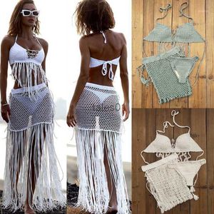 Mulheres Swimwear 3 Peça Gypsy Boho Mão Crochet Mulheres Swimwear Borla Saia com Longa Franja Praia Saia Net1 240226