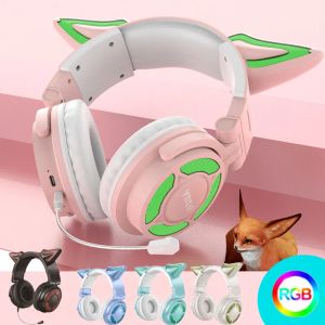 Hörlurar RGB Cat Ear Headphone Wireless Bluetooth 5.3 Headset med löstagbar Enc Microphone Hifi Stereo Music Game hörlurar bästa gåva