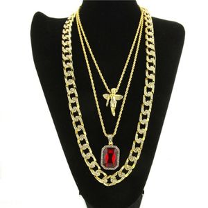 Mens Hip Hop Necklace Ruby Pendant Necklaces Fashion Cuban Link Chain Jewelry 3Pcs Set233j