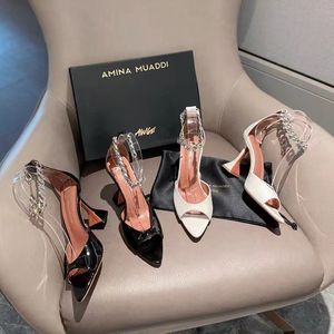 Amina Muaddi Designer Heels Sandali da donna Classico tacco alto diamante 100% pelle scarpe da sposa da donna feste Occupazione Colore puro Pantofole sexy di grandi dimensioni