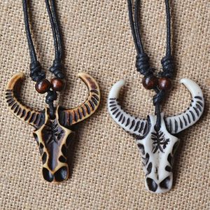 Pendant Necklaces Yak Bone Charm Cow Bull Ox Head Skull Leather Rope Necklace Jewelry Accessories Adjustable1794