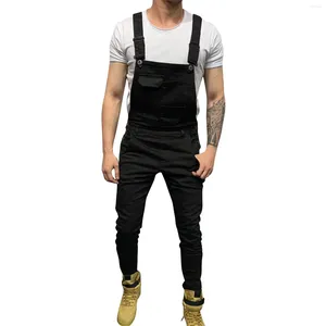 Mäns jeans stilfulla män streetwear overaller solid färg smal passform bib jumpsuits manlig casual all-match rem denim byxor