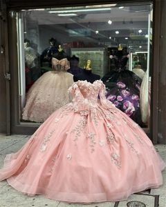 Pink Sweetheart Ball Gown Quinceanera Dresses for Girls Applicques 3D Flower Birthday Party Gowns With Full Sleeve Soe Up Back