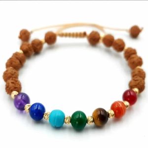 Braccialetti 6mm Sette chakra naturali Perle di pietre preziose Rudraksha Bracciale Giorno del Ringraziamento Spiritualità Materia oscura Bracciale energetico Colorato