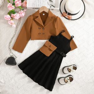 Girls skill set 2024 Korean version fashionable little perfume clothing childrens solid jacket+skill+three piece package 240225