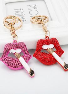 2021 Fashion Sexy Rose Red Lip Crystal Cigarette Keychain Charm Pendant Rhinestone Car Purse Handbag Key Chain Ring Creative Gift13936303