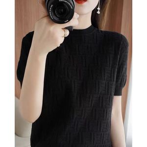 Summer new retro ice silk short-sleeved sweater women's loose hollow T-shirt top tide relief European station