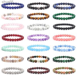 Bärade natursten runda pärlor armband för kvinnor män läker kristall ametist rose kvarts akvamariner jade elastiska armband smycken yq240226