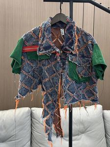 Женские жилеты с меховой кромкой и отверстием, персонализированный джинсовый жилет в стиле хип-хоп, весна-лето 2024, куртка с короткими рукавами одного цвета
