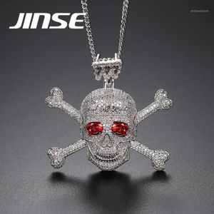 Jinse Tam Rhinestone Punk Kırmızı CZ Taş İskelet Kafatası Kolyeler Erkekler İçin Kolyeler Altın Renk Hip Hop Takı Hediye Halat Zinciri195b