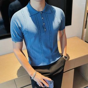 Men's Polos Blue England Elegant Retro Shirts With Collar Sweater Knitted Vintage Mens Jumper British Style Gentleman Male Pullover Slim Fit