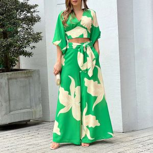 Women's 2023 Summer New Sweet Print V-neck Lantern Sleeve Short Shirt High Waist Wide Leg Pants Two Piece Set