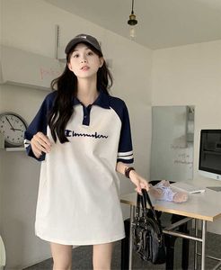 Marca na moda autêntica camisa polo campeão manga curta camiseta feminina verão casual estilo universitário listrado solto meados de comprimento topo