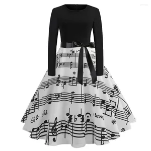 Casual Dresses Women Long Sleeve Winter Vintage Sexy Black Music Note Print V-neck Rockabilly Pin Up Party Dress Vestidos Plus Size