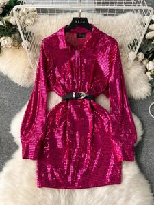 Casual Dresses Superaen 2024 Spring Shirt Collar Buckle Short Wrap Hip Dress Heavy Industry Sequin Style