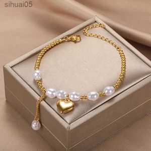 Beaded Fashion Double Layer Pearl Bracelet Crystal Heart Pendant Bracelet For Women Stainless Steel Party Bride Jewelry Gift 2022 YQ240226