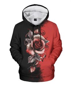Męskie bluzy mężczyźni mężczyźni czerwona róża kaptura 3D realistyczna cyfrowa druk z kapturem pullover moda ubrania dla dzieci jesienna zima ponadwymiarowa