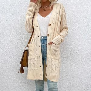 Mulheres malhas mulheres longo cabo malha cardigan senhoras botão acima oversized com nervuras cor marrom outono e inverno camisola cardgian casaco