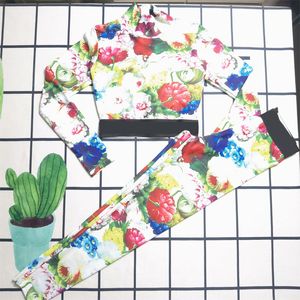 Tasarımcı Kadın Yoga Baskı Çiçek Seksi Takipleri Moda Yaz Sıkı Taytlar Setleri Kadın Jumper Pullover Uzun Kollu Tişörtler Kıyafetler Kadın Giysileri Kadın