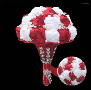 Wedding Flowers Red White Satin Roses Bouquet For Bride 18cm Crystals Pearls Jewelry Brooch Artificial Bridesmaid Bruiloft Bodas