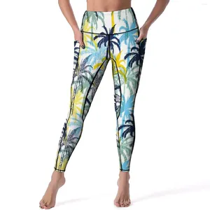 Calças ativas palmeiras tropicais leggings com bolsos design de impressão de plantas yoga cintura alta fitness legging bonito estiramento esporte