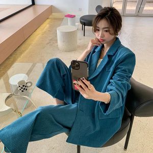 Women's Two Piece Pants Blue Corduroy Blazer Jacket And Suits 2024 Autumn Women Elegant Fashion Loose Coat Wide Leg Trousers Sets A37